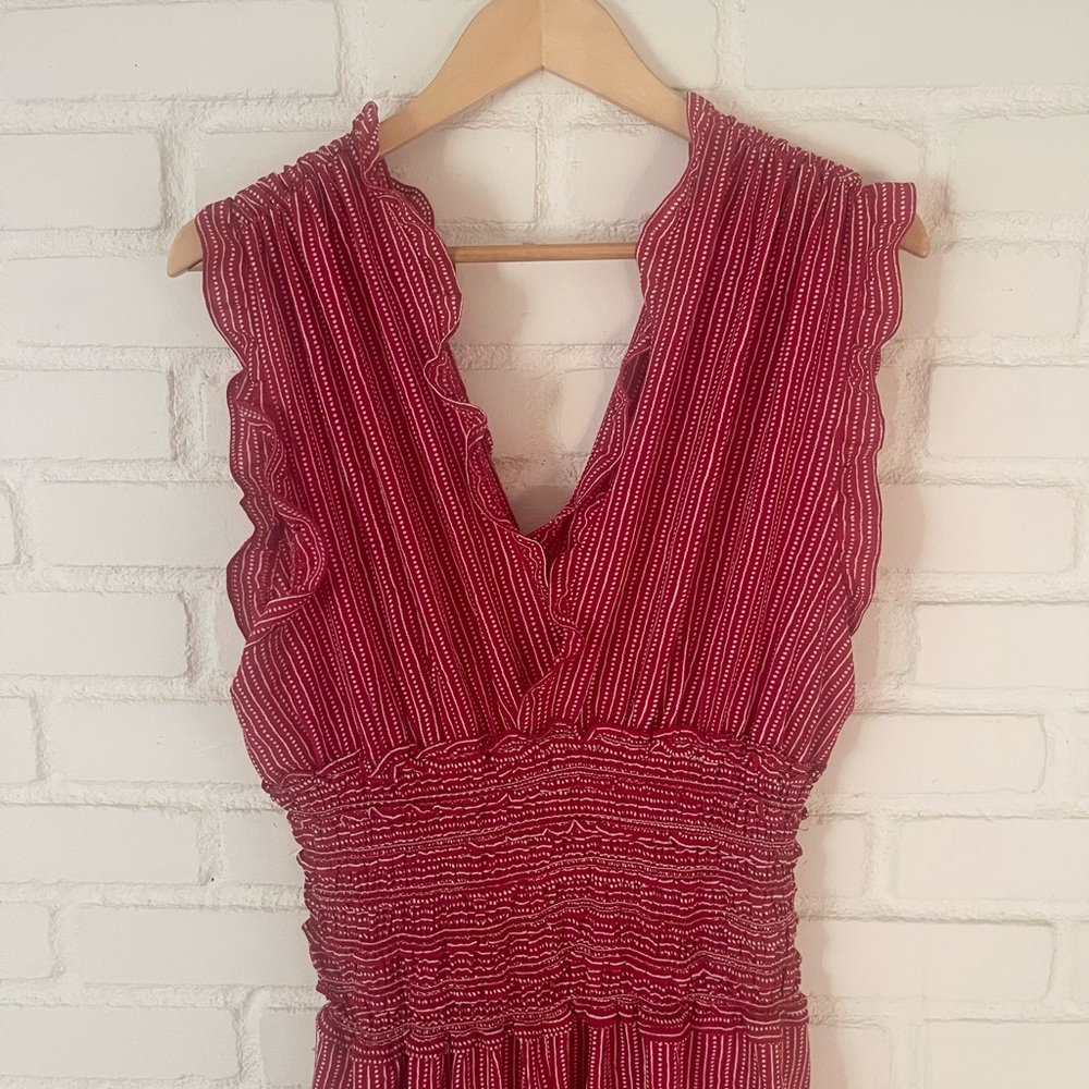 Red + white, wide leg, deep cut romper